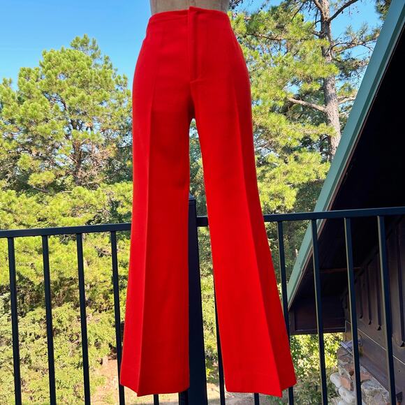 Vintage 60s Vermilion Red Mid-High Rise Flared Bell Bottom Pants S M - Picture 1 of 7